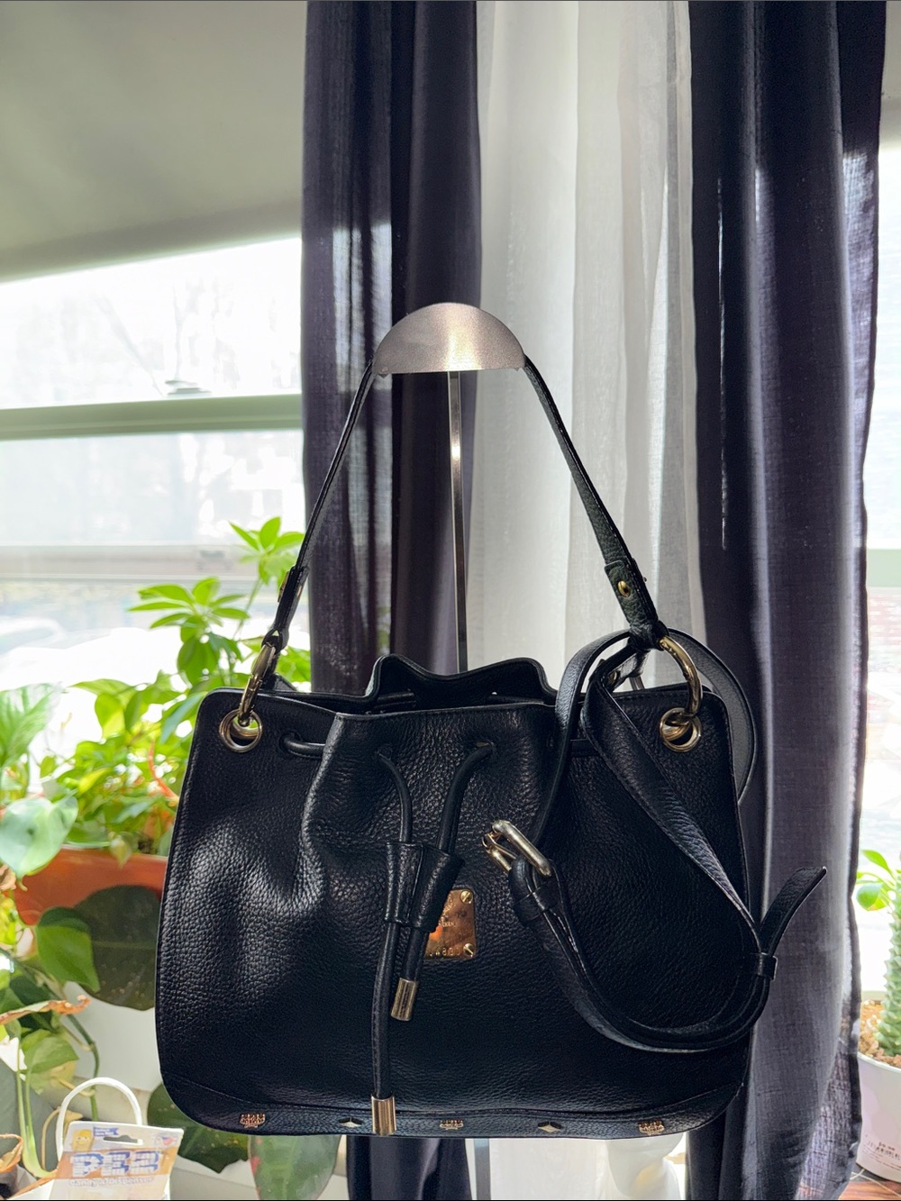 MCM Black Pebbled Leather Drawstring Shoulder Crossbody Bag with Gold Hardware - Picture 2 of 13
